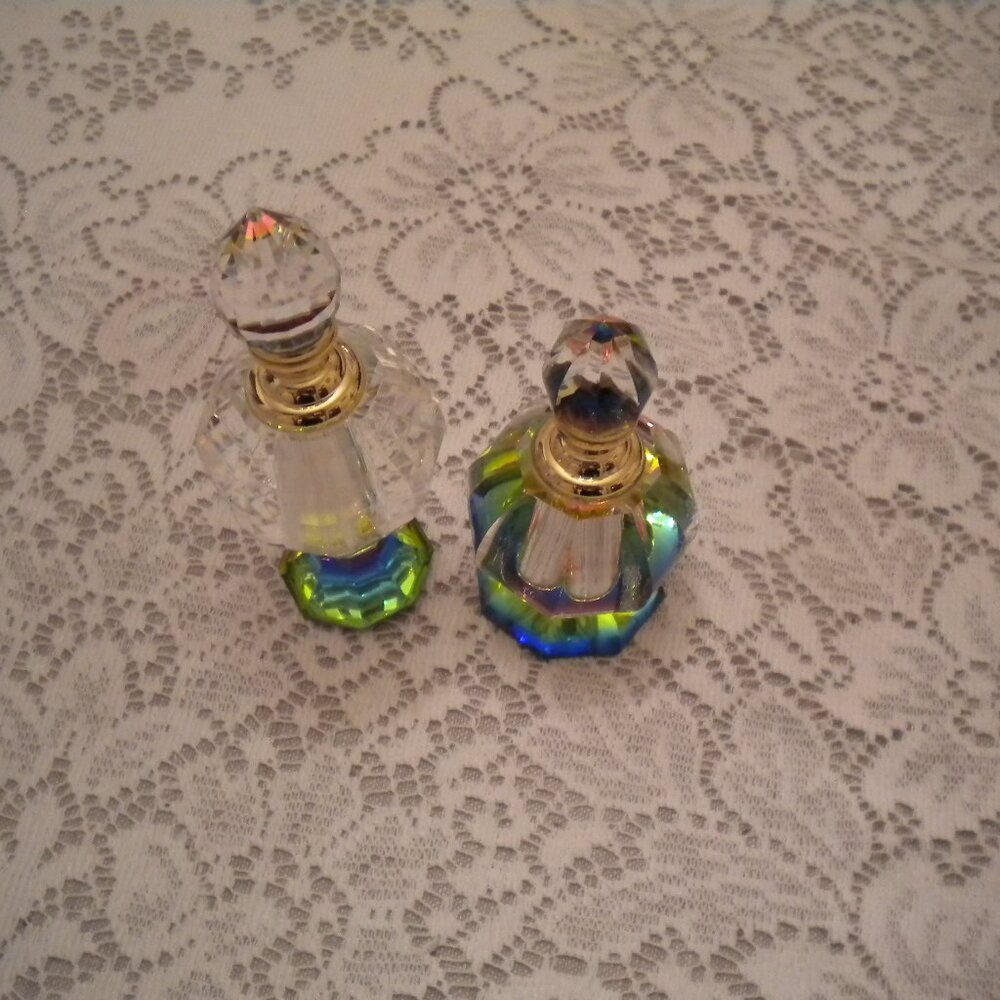 Set Of 2 Vintage Rainbow Iridescent Cut Crystal Perfume or Oil Bottle 4" & 5"